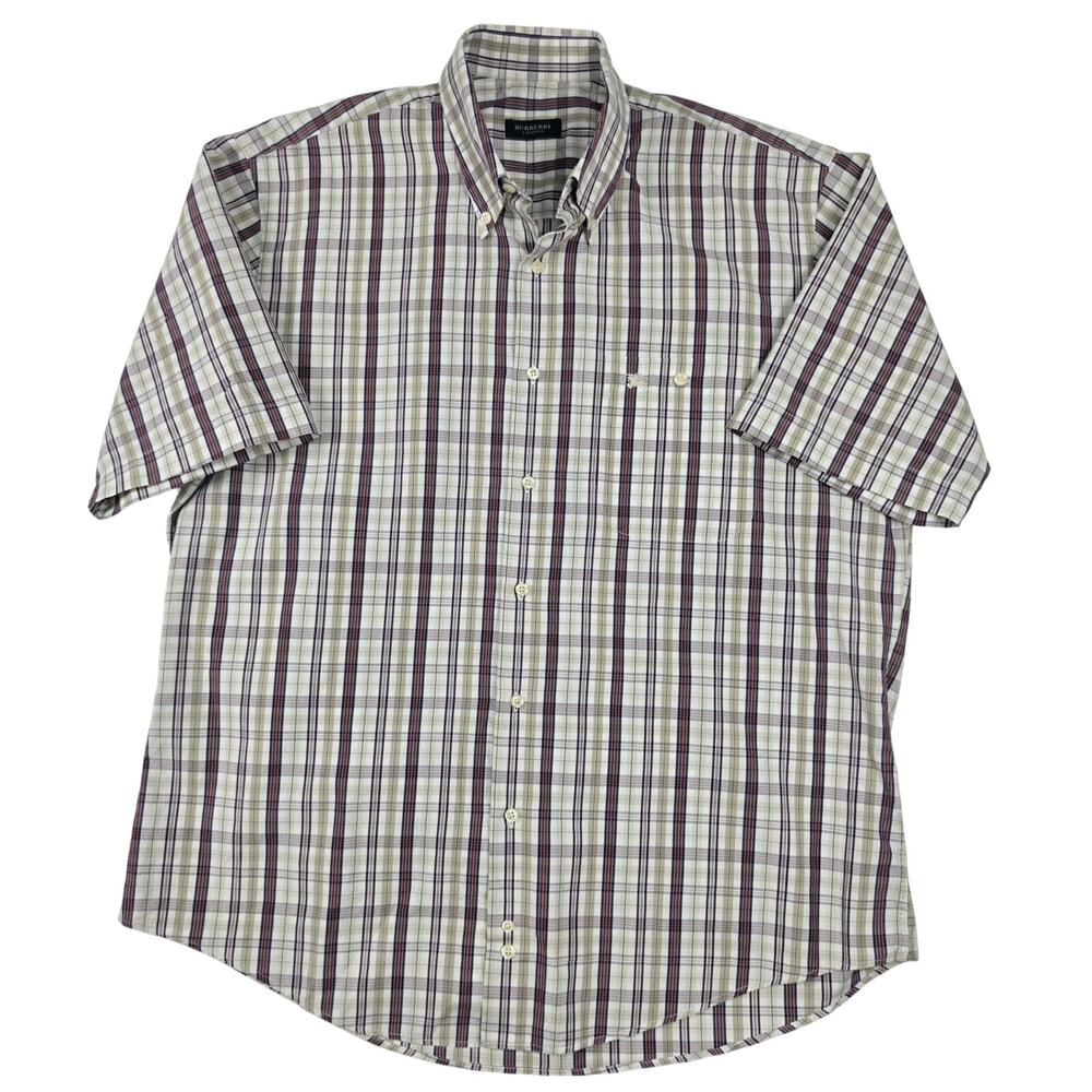 BURBERRY London Men's Size Large Button Up Plaid Shirt Collared Short Sleeve